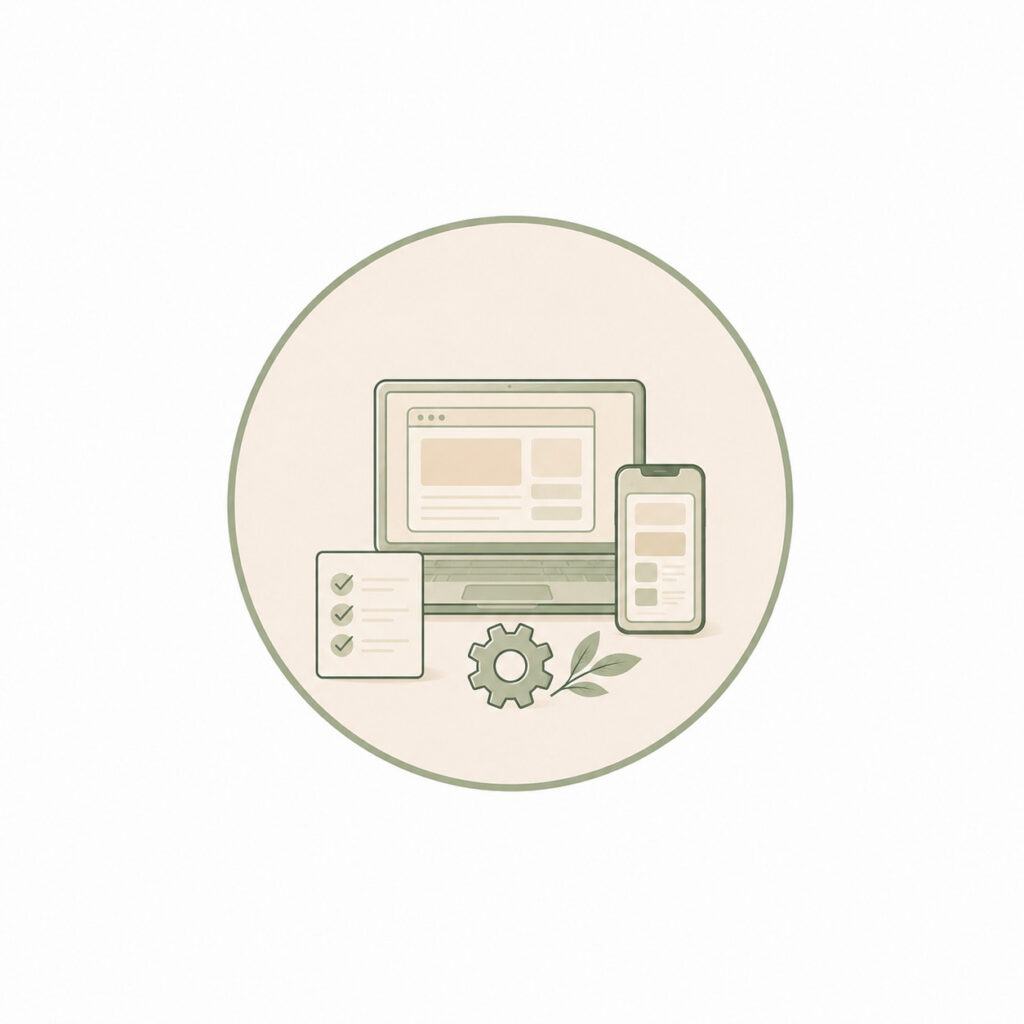 Tools und hilfreiche Seiten – Illustration mit Laptop, Smartphone und digitalen Ressourcen