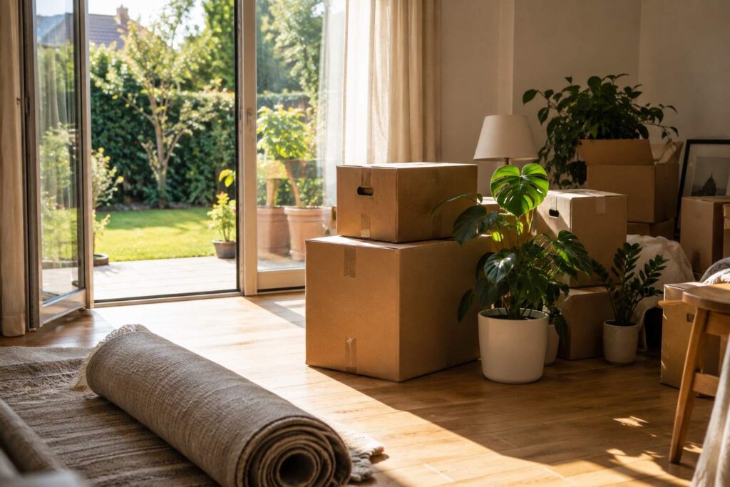 Umzugskartons und Zimmerpflanzen in einer fast leeren Wohnung mit Blick in den Garten