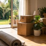 Umzugskartons und Zimmerpflanzen in einer fast leeren Wohnung mit Blick in den Garten